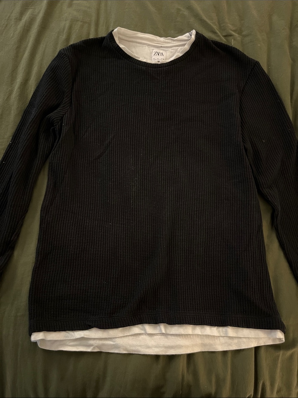 Zara Black Waffle Knit Crewneck with White Layered Hem